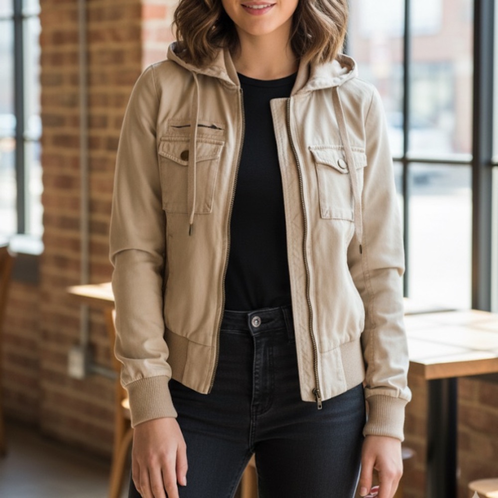 LA Hearts Zip up Tan Hooded Bomber Jacket size sm